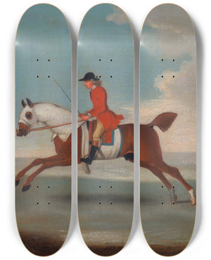 Triptych art skateboard deck of James Seymour One Of Four Portraits Of Horses A Chestnut Racehorse Exercised By A Trainer In A Red Coat Gallopi by James Seymour (1697-1752)