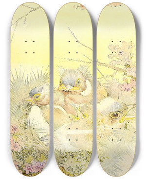 Triptych art skateboard deck of Edward Julius Detmold The Chaffinch by Edward Julius Detmold (1883-1957)