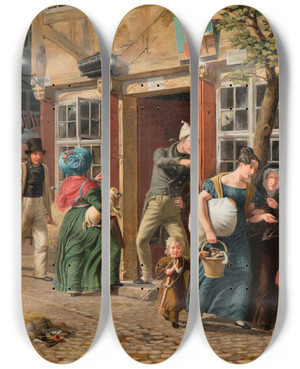 Triptych art skateboard deck of Wilhelm Marstrand Moving Day Scene by Wilhelm Marstrand (1810-1873)