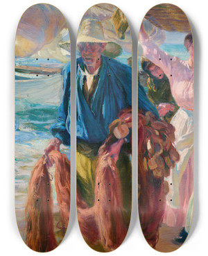 Triptych art skateboard deck of Jos Mongrell Valencia Returning From Fishing by Jose Mongrell (1870-1937)