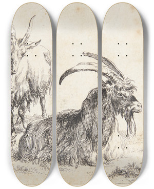 Triptych art skateboard deck of Nicolaes Pietersz Berchem To Geder Og Et Kid by Nicolaes Pietersz Berchem (1620-1683)