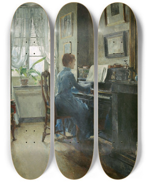 Triptych art skateboard deck of Harriet Backer Chez Moi by Harriet Backer (1845-1932)