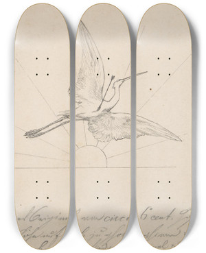 Triptych art skateboard deck of Max Klinger Wounded Crane With An Arrow In Its Breast Before Setting Sun by Max Klinger (1857-1920)