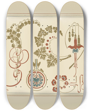 Triptych art skateboard deck of Alphonse Mucha Abstract Design Based On Flowers And Leaves by Alphonse Mucha (1860-1939)