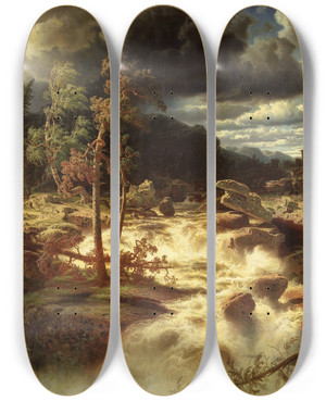Triptych art skateboard deck of Marcus Larson Waterfall In Smland by Marcus Larson (1825-1864)