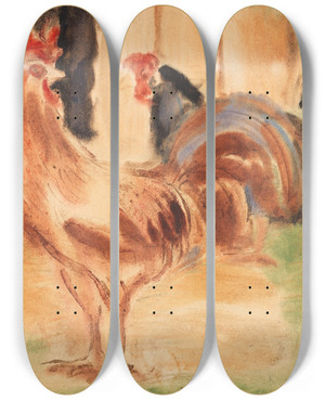 Triptych art skateboard deck of Christian Rohlfs Hahn Und Huhn by Christian Rohlfs (1849-1938)