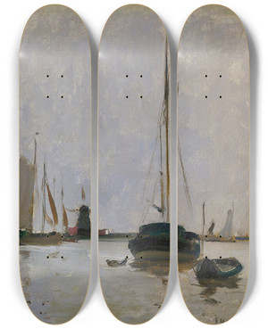 Triptych art skateboard deck of John Henry Twachtman Quiet Harbor Holland by John Henry Twachtman (1853-1902)