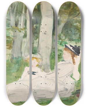 Triptych art skateboard deck of Berthe Morisot At The Edge Of The Forest Edma And Jeanne by Berthe Morisot (1841-1895)