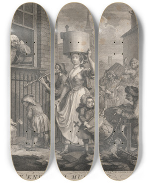 Triptych art skateboard deck of William Hogarth The Enraged Musician by William Hogarth (1697-1764)
