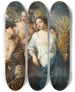 Triptych art skateboard deck of Jan Miel Ceres Bacchus And Venus by Jan Miel (1599-1664)