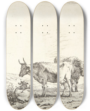 Triptych art skateboard deck of Karel Dujardin Koen Tyren Og Kalven by Karel Dujardin (1622-1678)