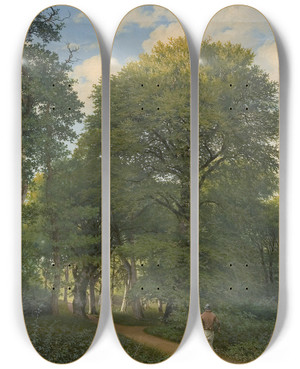 Triptych art skateboard deck of Heinrich Buntzen Et Skovparti I Charlottenlund Aften by Heinrich Buntzen (1803-1892)