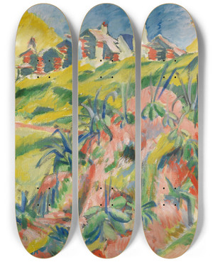 Triptych art skateboard deck of Ernst Ludwig Kirchner Bergdorf Mit Rosa Kuh by Ernst Ludwig Kirchner (1880-1938)