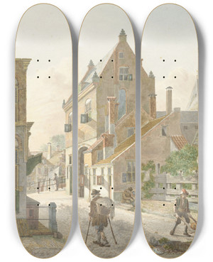 Triptych art skateboard deck of Jan Hendrik Verheijen De Waardpoort En De Oude Gracht In Utrecht by Jan Hendrik Verheijen (1778-1846)