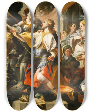 Triptych art skateboard deck of Domenico Antonio Vaccaro Solomon Worshiping A Pagan God by Domenico Antonio Vaccaro (1678-1745)