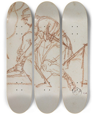 Triptych art skateboard deck of Guillaume Boichot Guerrier Rajustant Sa Sandale by Guillaume Boichot (1735-1814)