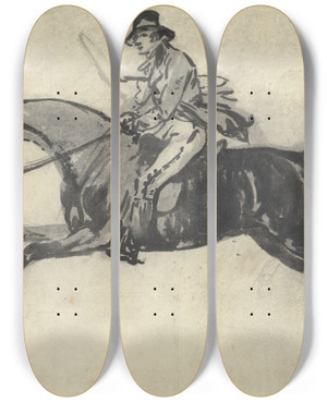Triptych art skateboard deck of Julius Caesar Ibbetson Galloping Rider With Whip Under His Arm by Julius Caesar Ibbetson (1759-1817)