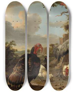 Triptych art skateboard deck of Melchior Dhondecoeter A Sarus Crane A Flamingo A Wild Bronze Turkey Cock Two Paduan Fowl A Silver Birchen Game Cockerel And A Hoopoe In A Landscape by Melchior d'Hondecoeter (1636-1695)