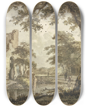 Triptych art skateboard deck of Jan Hulswit Links Am Wasser Eine Ruine Rechts Ein Angler Und Zwei Weitere Figuren by Jan Hulswit (1766-1822)