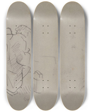 Triptych art skateboard deck of James Ensor Squatting Man With Oil Can by James Ensor (1860-1949)