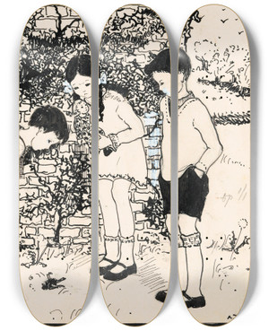 Triptych art skateboard deck of A Tinbergen Drie Kinderen Kijken Naar Een Gevallen Vogel by A Tinbergen (20-)