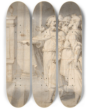 Triptych art skateboard deck of Giovanni Battista Trotti A Male Saint Followed By A Group Of Men Pointing To A Monstrance On An Altar by Giovanni Battista Trotti (1555-1612)