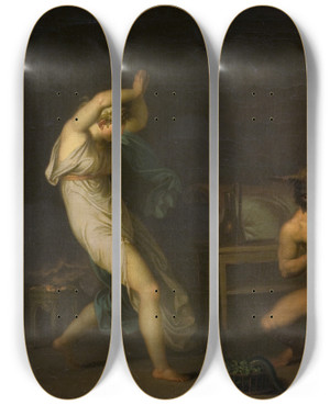 Triptych art skateboard deck of Nicolai Abildgaard Fotis Sees Her Lover Lucius Transformed Into An Ass Motif From Apeleius The Golden Ass by Nicolai Abildgaard (1743-1809)