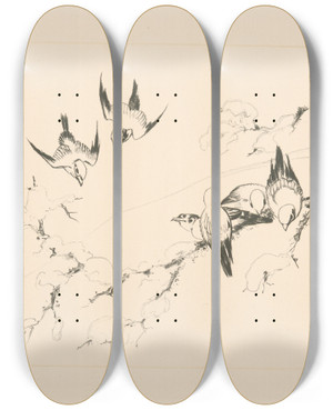 Triptych art skateboard deck of Flix Bracquemond Oiseaux Sur Une Branche Darbre Couverte De Neige by Felix Bracquemond (1833-1914)