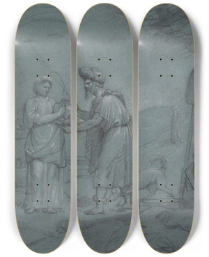Triptych art skateboard deck of Jean Antoine Verschaeren Rebecca And Eliezer At The Well by Jean Antoine Verschaeren (1803-1863)