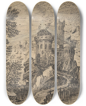 Triptych art skateboard deck of Hermann Weyer Rocky Landscape With A Castle And Bridge by Hermann Weyer (1596-1621)