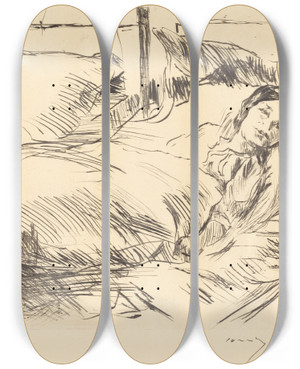Triptych art skateboard deck of Lovis Corinth The Sick Child Das Kranke Kind by Lovis Corinth (1858-1925)