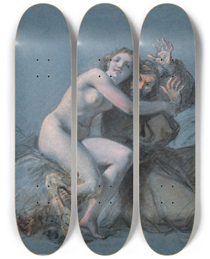 Triptych art skateboard deck of Julien Lopold Boilly The Temptation Of St Anthony by Julien Leopold Boilly (1796-1874)