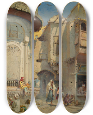 Triptych art skateboard deck of Frans Wilhelm Odelmark An Afternoon In Cairo by Frans Wilhelm Odelmark (1849-1937)