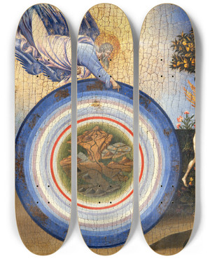 Triptych art skateboard deck of Giovanni Di Paolo The Creation Of The World And The Expulsion From Paradise by Giovanni Paolo Spadino (1403-1482)