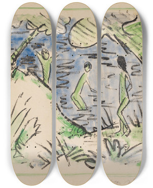 Triptych art skateboard deck of Otto Mueller Zwei Knaben Im Wasser Und Ein Mdchen Am Ufer by Otto Mueller (1874-1930)
