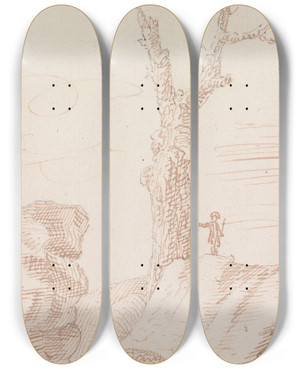 Triptych art skateboard deck of Henry Swinburne Landscape With Figure Standing On Large Rock by Henry Swinburne (1743-1803)