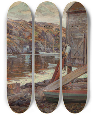 Triptych art skateboard deck of Wilson Henry Irvine Boat Shed by Wilson Henry Irvine (1869-1936)