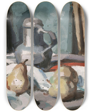 Triptych art skateboard deck of Samuel John Peploe Pewter Jug And Pears by Samuel John Peploe (1871-1935)
