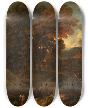 Triptych art skateboard deck of Cornelis Huysmans Southern Landscape With Bathers by Cornelis Huysmans (1648-1727)