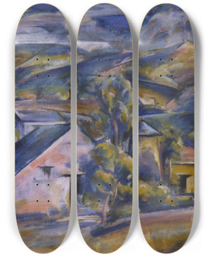 Triptych art skateboard deck of Preston Dickinson The Hills by Preston Dickinson (1891-1930)
