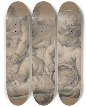 Triptych art skateboard deck of Franois Boucher Winged Putti With Flowers by Francois Boucher (1703-1770)