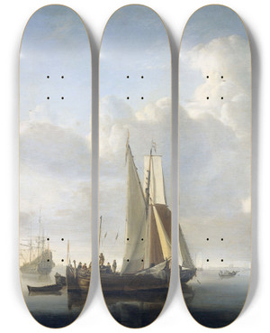 Triptych art skateboard deck of Willem Van De Velde The Younger Ships Before The Coast by Willem van de Velde the Younger (1633-1707)