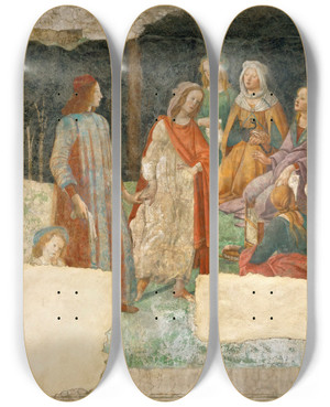 Triptych art skateboard deck of Sandro Botticelli Young Man Before The Seven Liberal Arts by Sandro Botticelli (1444-1510)