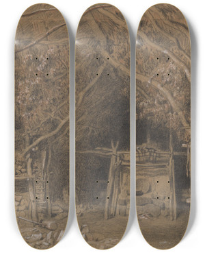 Triptych art skateboard deck of Constant Troyon The Workshop Of A Wooden Shoe Maker by Constant Troyon (1810-1865)