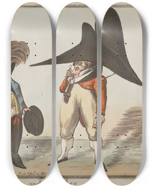 Triptych art skateboard deck of George Moutard Woodward Cocks Breeches by George Moutard Woodward (1765-1809)