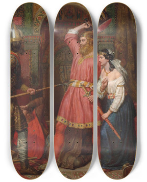 Triptych art skateboard deck of Charles Landseer The Assassination Of Alboin King Of The Lombards by Charles Landseer (1799-1879)
