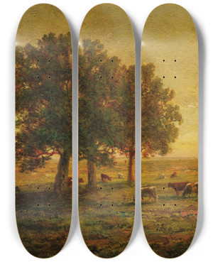 Triptych art skateboard deck of Thodore Rousseau Vaches Sous Un Groupe De Chnes Apremont by Theodore Rousseau (1812-1867)
