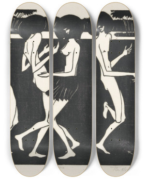 Triptych art skateboard deck of Johannes Frederik Engelbert Ten Klooster Dansende Papoeas by Johannes Frederik Engelbert Ten Klooster (1873-1940)