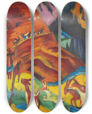Triptych art skateboard deck of Ernst Ludwig Kirchner Heimkehrende Ziegenherde by Ernst Ludwig Kirchner (1880-1938)