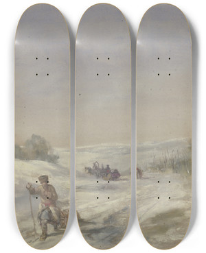 Triptych art skateboard deck of Wilhelm Amandus Beer Snowy Landscape by Wilhelm Amandus Beer (1837-1907)